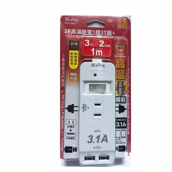 朝日電工壁插型2P3插2孔USB3.1A高速充電，台灣檢驗合格，長度1米防火耐熱過載保護