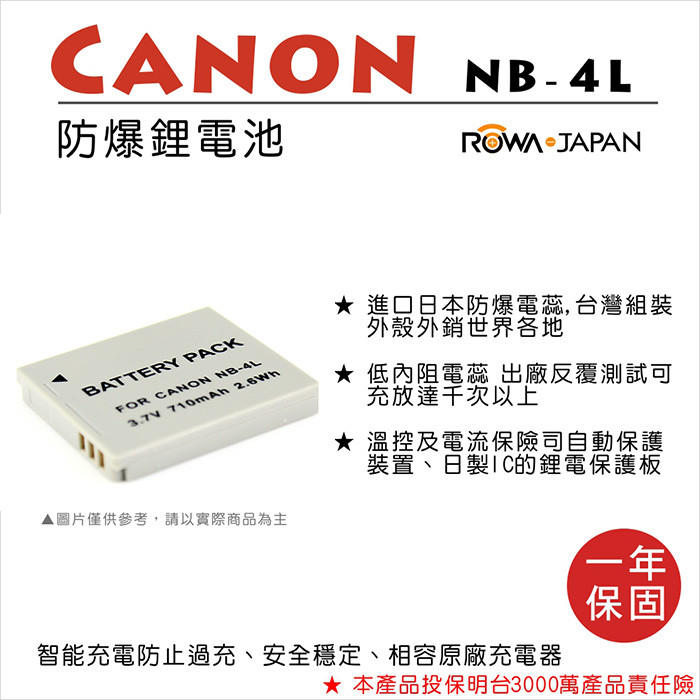 昇鵬數位@樂華 FOR Canon NB-4L 相機電池鋰電池 防爆 原廠充電器可充保固一年