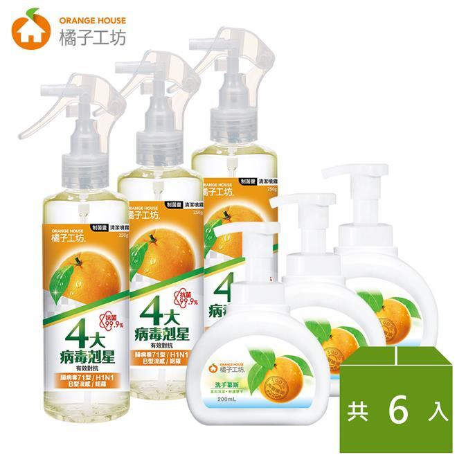 【永豐餘】橘子工坊 家用類 制菌 清潔噴霧 250g*3瓶+洗手幕斯*3瓶
