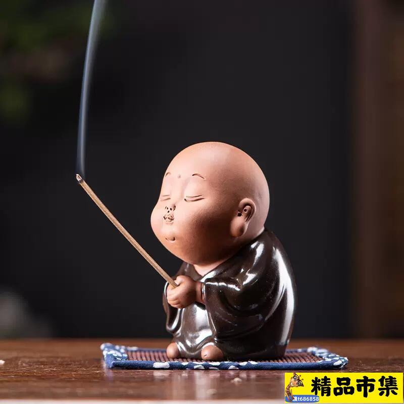 手作り禅意烏金石茶寵精品養石置物小和尚茶芸茶道