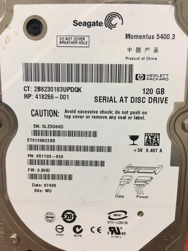 Seagate 120G 2.5吋硬碟 ST9120822AS 無壞軌 研究 報帳 救資料 的最愛NO.345