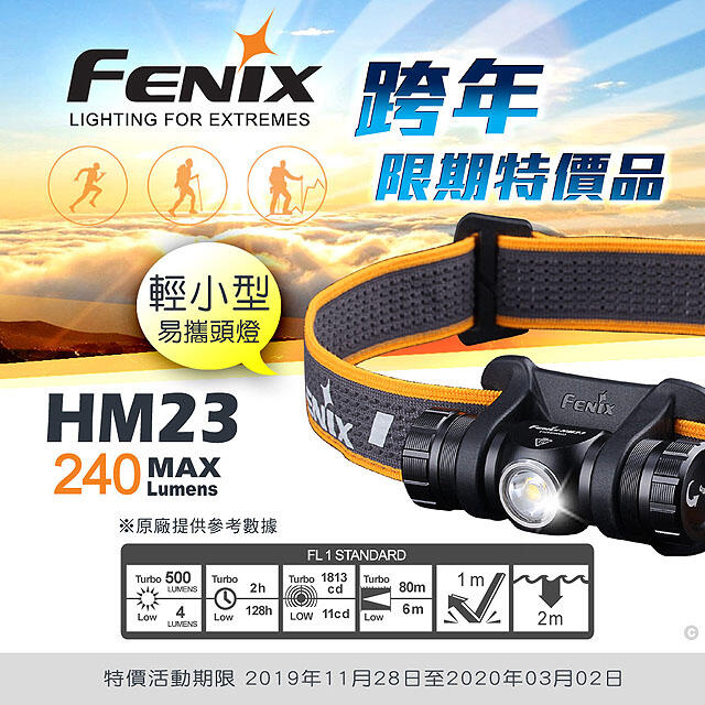 【嚮山戶外】 FENIX  HM23 頭燈 僅重43克 240流明 防水防塵IP68  輕量