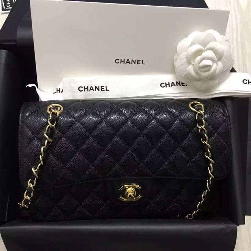 灣現貨Chanel 小香 黑色 金鏈 荔枝皮 CHANEL COCO 2.55 25cm 壓邊新款斜挎包 側背包 斜背包