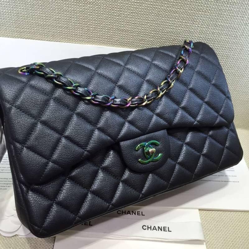 台灣現貨Chanel 小香 雷射彩釦 最新 黑色羊皮雷射彩鏈 CHANEL COCO 2.55斜挎包 側背包 斜背包