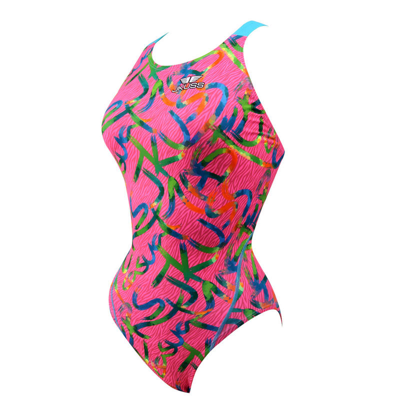 Jkuss 彩虹筆刷系列-粉紋，高抗氯，專業練習比賽泳訓競賽泳衣泳裝，貼身時尚，女性大女少女，韓國製造
