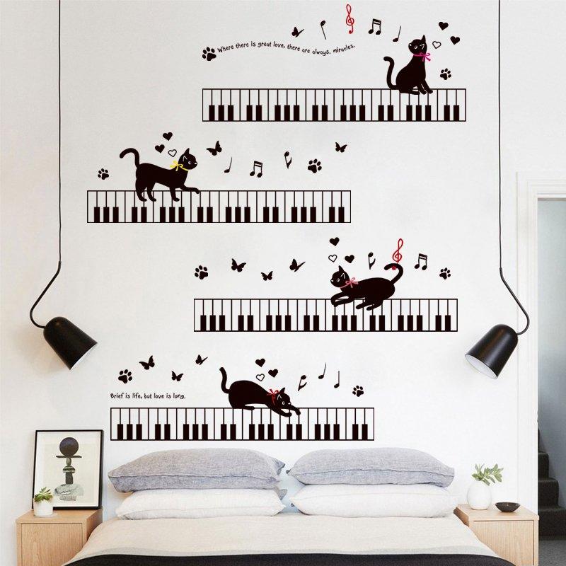 墻貼壁紙清新簡約創意音符小貓咪彈鋼琴墻貼畫兒童房教室幼兒園裝飾貼紙可移除貼畫