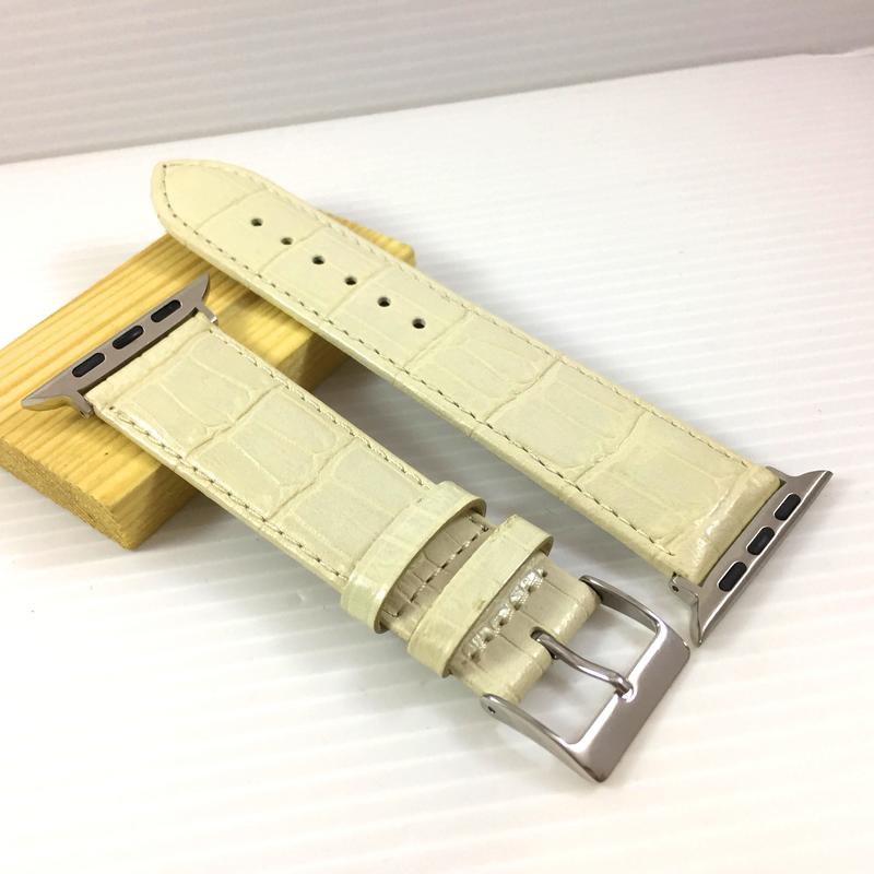 Apple Watch  牛皮 真皮 錶帶 米白 鱷魚大格紋 不鏽鋼針釦 質好耐用 38 40 42 44