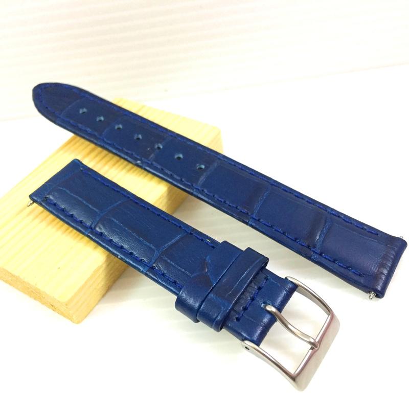 日本進口 手工訂製 牛皮 防水加工 壓鱷魚大格紋 真皮 16mm 等寬 錶帶 寶藍色 附錶耳 實體店面服務