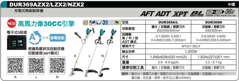 牧田makita DUR369L 充電式無刷高扭力割草機18V*2 空機DUR369LZX2