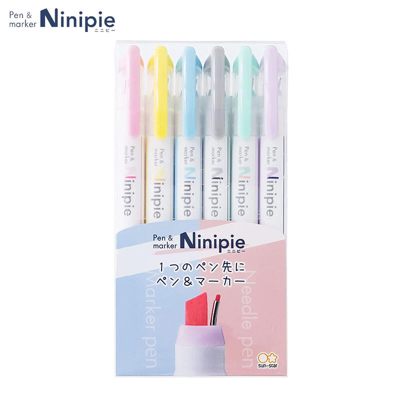 【Sun-Star Ninipie】日本針頭/寬頭2用螢光筆6色入 辦公文具 學生文具 雙頭螢光筆-丹尼先生日式雜貨舖