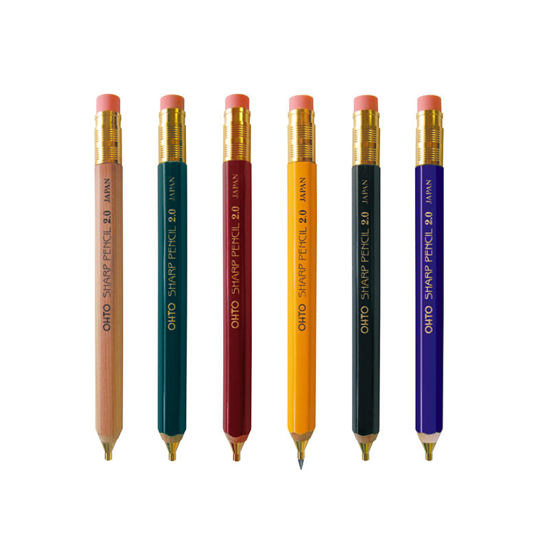 【OHTO】日本2mm復古木製粗型自動鉛筆(藍/黃/紅/黑/綠/木頭色6色可選) 附筆頭橡皮擦-丹尼先生日式雜貨舖