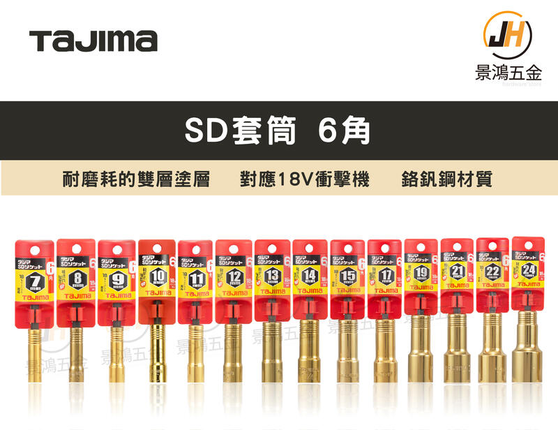 景鴻五金 田島 TAJIMA SD套筒 TSKSD 6角 套筒 多尺寸 鉻釩鋼 耐磨耗 雙層塗層 隨貨附發票