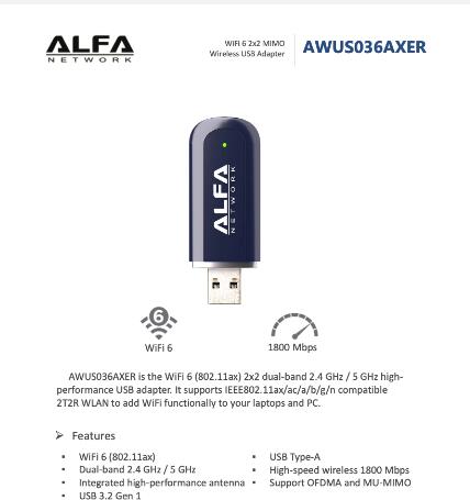 ALFA AWUS036AXER - WiFi 6 WLAN USB Adapter