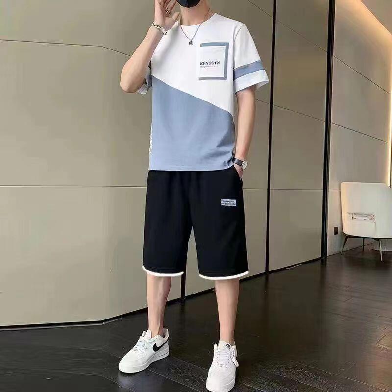 短袖t卹男士套裝2024夏季新款韓版青少年運動休閒短褲兩件套