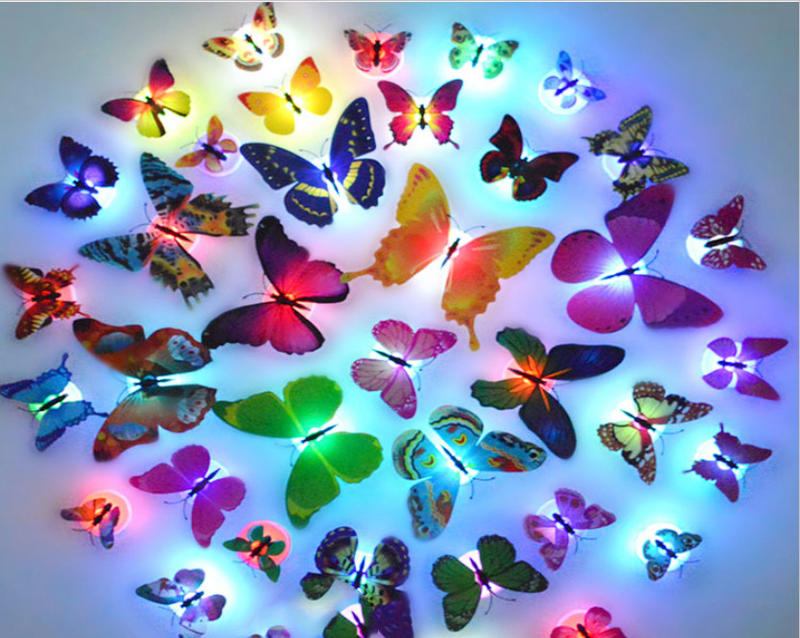 發光蝴蝶創意 3D可粘貼 蝴蝶小夜燈七彩發光仿真LED