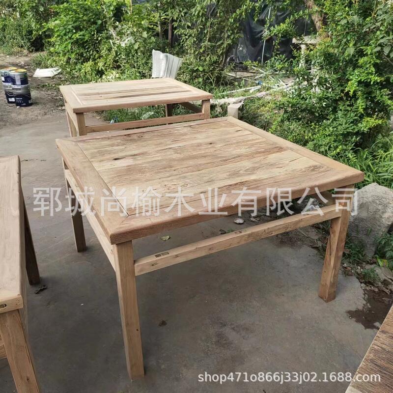 老榆木八仙桌家用方形餐廳飯桌椅組合民宿餐館小店實木桌凳供