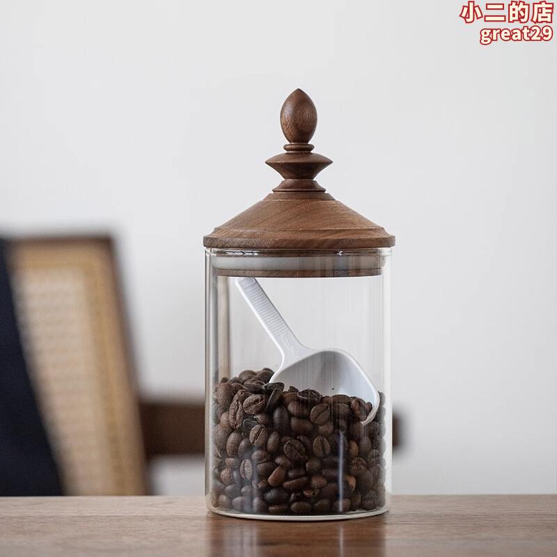 木上中古風實木蓋玻璃儲物罐咖啡粉咖啡豆密封罐茶葉豆子收納罐