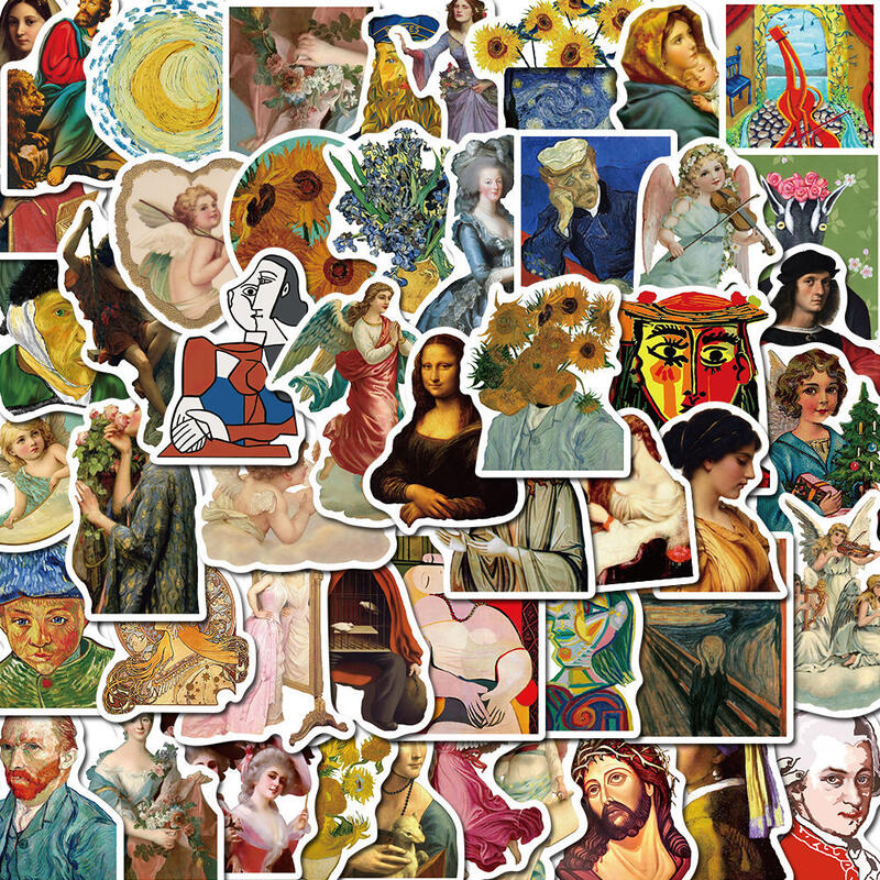 50張藝術名畫蒙娜麗莎的微笑梵高達芬奇世界名畫手賬貼畫防水貼紙