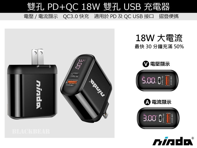 Nisda 雙孔 PD + QC3.0 18W USB 折疊 充電器 充電頭 電源頭