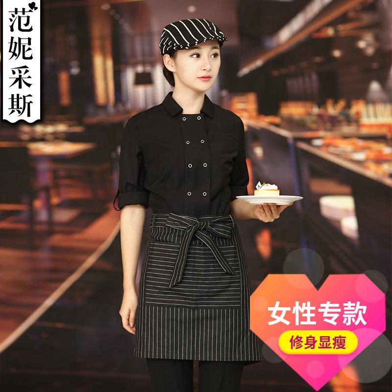 范妮采斯2019新款酒店餐飲面點廚師服女黑色雙排扣廚師工作服上衣