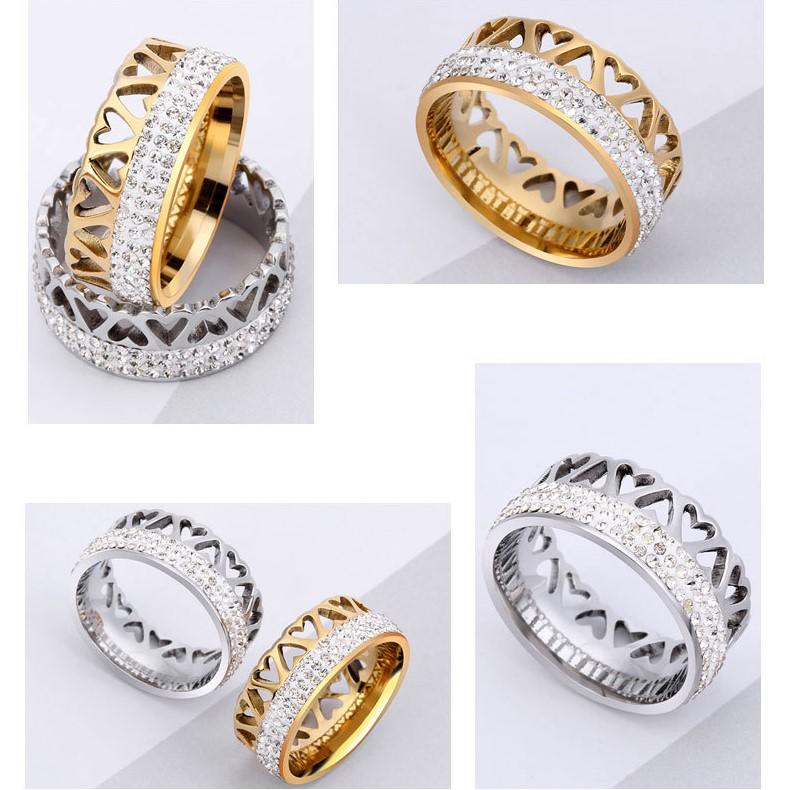 送贈品鈦鋼鏤空愛心切割戒指鑲滿鑽情侶戒指雙色可選尾戒指環指套