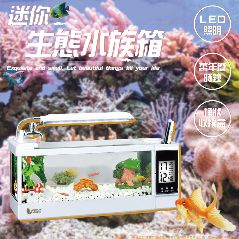 《台灣嘉義現貨 可開發票 10H出貨》LED 可收納 無痕過濾 迷你生態水族箱 療癒水族魚缸