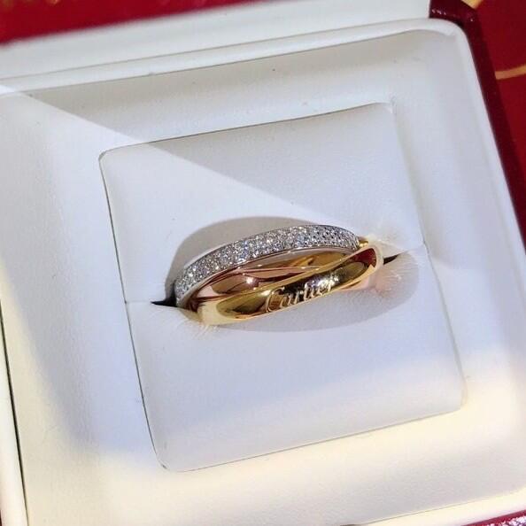 Cartier 卡地亞 經典三環戒 鉑金黃金玫瑰金三色合一戒指 環抱鑲嵌 S925純銀鍍金  專櫃對版 精工鑲鑽